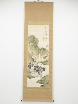 甲寅（1854年）　日根対山筆　沈石田筆意青緑山水図　肉筆絹本掛軸（二重箱）